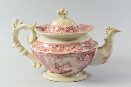 A SWANSEA DILLWYN POTTERY TEAPOT, circa 1824-31, of oval form with elaborate handle and spout and