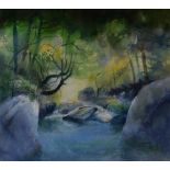 SIMON L JONES watercolour - woodland river scene, signed and dated '88, 34 x 38cms