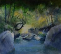 SIMON L JONES watercolour - woodland river scene, signed and dated '88, 34 x 38cms