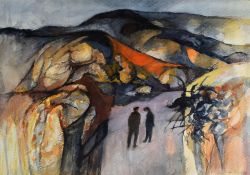 JOHN ELWYN mixed media - two men in conversation on mountain road, signed, 25 x 35cms