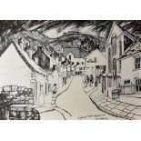 TOM HUTCHINSON monochrome print - from a pen and ink illustration of 'Cymmer Porth, Rhondda 1972',