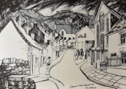 TOM HUTCHINSON monochrome print - from a pen and ink illustration of 'Cymmer Porth, Rhondda 1972',