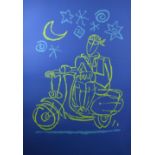 TIM DAVIES limited edition (5/20) colour lithograph - illustration of a figure riding a moped at