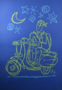 TIM DAVIES limited edition (5/20) colour lithograph - illustration of a figure riding a moped at