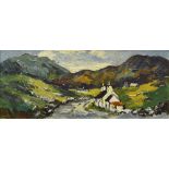 CHARLES WYATT WARREN oil on board - Snowdonia scene with cottage entitled verso 'Cottages near