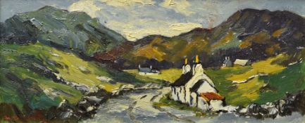 CHARLES WYATT WARREN oil on board - Snowdonia scene with cottage entitled verso 'Cottages near