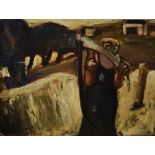 WILL ROBERTS oil on board - figure in a landscape, entitled on artist's label verso 'No. 1 Man