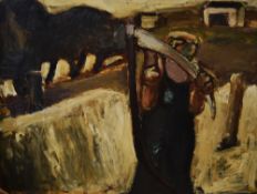 WILL ROBERTS oil on board - figure in a landscape, entitled on artist's label verso 'No. 1 Man