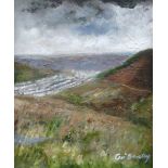 CERI BARCLAY oil on canvas - landscape with town below entitled 'Cwm Parc From the Bwlch Mountain'