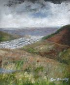 CERI BARCLAY oil on canvas - landscape with town below entitled 'Cwm Parc From the Bwlch Mountain'