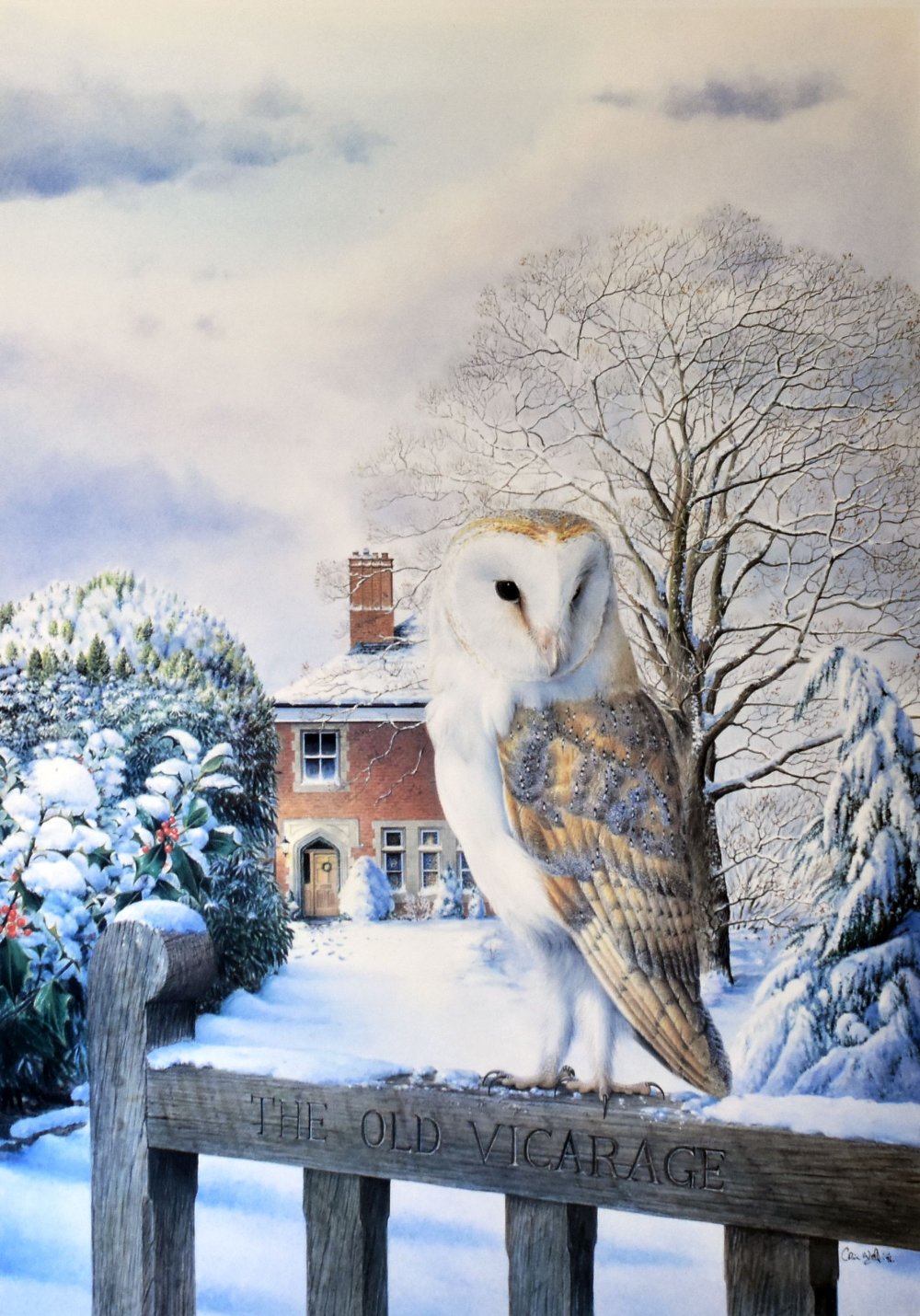 COLIN WOOLF coloured limited edition (50/100) print - study of a barn owl on the old vicarage gate