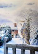 COLIN WOOLF coloured limited edition (50/100) print - study of a barn owl on the old vicarage gate
