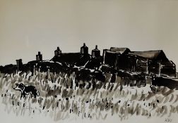 SIR KYFFIN WILLIAMS RA colour wash - Snowdonia upland farm with dry-stone walls and sheep-dog in