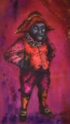 ELFYN ROBERTS ink, watercolour and gold leaf - portrait of Mr Punch, signed with initials, 42 x 23.