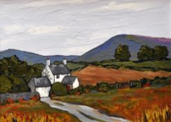 DAVID BARNES oil on board - landscape with cottage, entitled verso 'Hillside Views', signed verso,