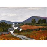 DAVID BARNES oil on board - landscape with cottage, entitled verso 'Hillside Views', signed verso,