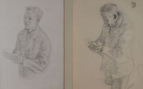 EVAN WALTERS pencil drawings, a pair framed as one - each a study of a gentleman in prayer, unsigned