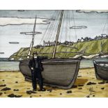 ALAN WILLIAMS acrylic on canvas - figure on beach with boat and headland beyond, entitled 'Herring