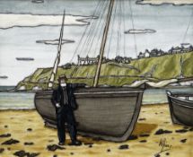 ALAN WILLIAMS acrylic on canvas - figure on beach with boat and headland beyond, entitled 'Herring