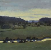 DAVID COWDREY oil on card - landscape with river valley, signed and dated 2006, 14 x 14cms