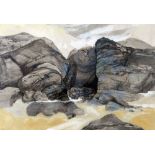 RONALD LOWE mixed media - beach scene with rock formations, entitled verso 'Sea Cave Entrance',