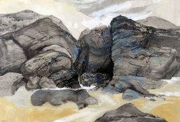 RONALD LOWE mixed media - beach scene with rock formations, entitled verso 'Sea Cave Entrance',