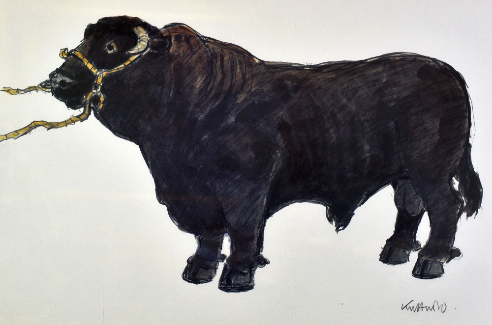 SIR KYFFIN WILLIAMS RA lithograph (ed. 50) print - standing prize-bull, entitled on Martin Tinney