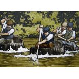ALAN WILLIAMS acrylic on canvas - four flat capped and waistcoated men paddling, entitled 'Coracle