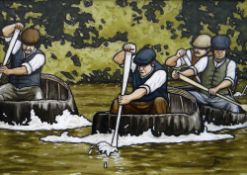 ALAN WILLIAMS acrylic on canvas - four flat capped and waistcoated men paddling, entitled 'Coracle