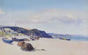 GYRTH RUSSELL watercolour - beach-scene with rowing boats ashore and lobster pots, possibly