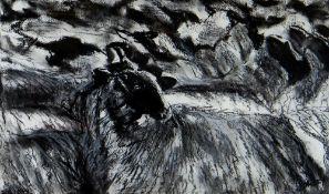 SUSAN POMERY WILKS charcoal / pastel - flock of sheep entitled verso 'Flock', signed, 35.5 x 59cms