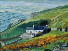 JOHN STOPS oil on board - landscape entitled verso 'Farm Above Harlech', signed and dated 1992, 39 x