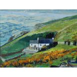 JOHN STOPS oil on board - landscape entitled verso 'Farm Above Harlech', signed and dated 1992, 39 x