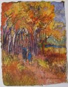 GWILYM PRICHARD pastel - two figures on a woodland path, signed and entitled verso 'Promanade en