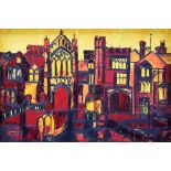 J PHILLIP DAVIES oil on board - Selwyn College, Cambridge University in red with yellow