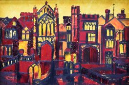 J PHILLIP DAVIES oil on board - Selwyn College, Cambridge University in red with yellow