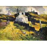 ROBERT DAWSON oil on board - cottages by a lane on a hillside, signed with initials and entitled