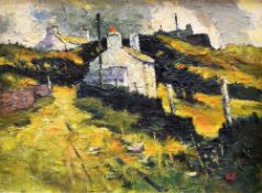 ROBERT DAWSON oil on board - cottages by a lane on a hillside, signed with initials and entitled