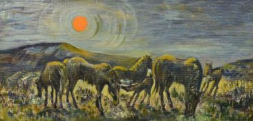UNKNOWN LATE TWENTIETH CENTURY ARTIST oil on board - landscape with horses and ponies, entitled
