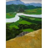 GWILYM PRICHARD oil on canvas - landscape with farmland, meandering river and mountains, signed,