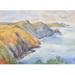 P ADAMS watercolour - Pembrokeshire coastal scene entitled 'Pwllderi', signed, 28 x 38cms