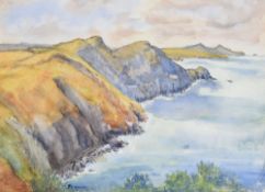 P ADAMS watercolour - Pembrokeshire coastal scene entitled 'Pwllderi', signed, 28 x 38cms