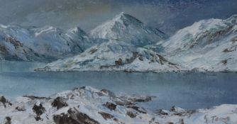 GWYNETH TOMOS acrylic - Snowdon and Llyn Llydaw under snow, signed, 10.5 x 20cms