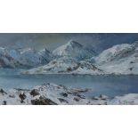 GWYNETH TOMOS acrylic - Snowdon and Llyn Llydaw under snow, signed, 10.5 x 20cms