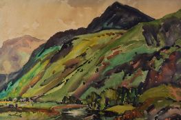 WILL EVANS watercolour - Snowdonia landscape with river and distant farmstead nestled in a deep