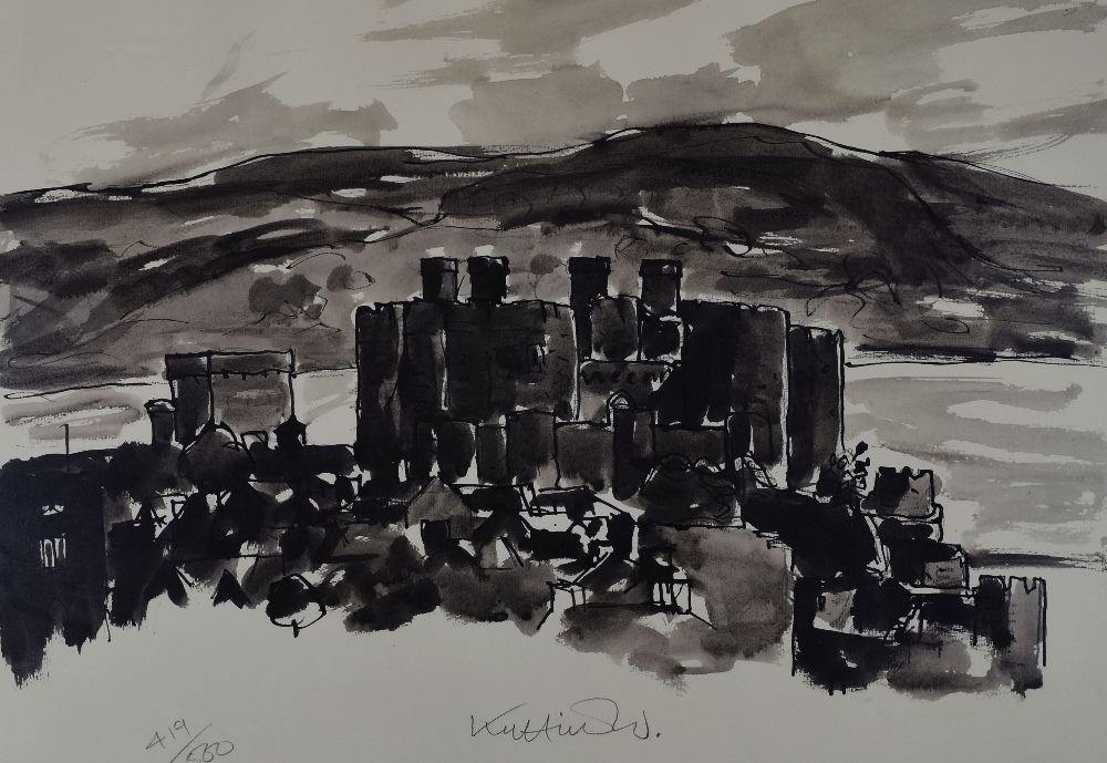 SIR KYFFIN WILLIAMS RA limited edition (419/500) monochrome print - Conwy Castle from an elevated
