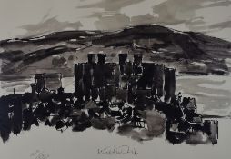 SIR KYFFIN WILLIAMS RA limited edition (419/500) monochrome print - Conwy Castle from an elevated