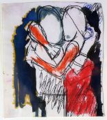 JOSEF HERMAN mixed media on paper - two figures embracing, 10 x 8.5cms Provenance: originally from
