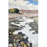 ROY OSTLE watercolour - estuary scene entitled verso 'Low Tide Aberogwen', signed, 52 x 33cms