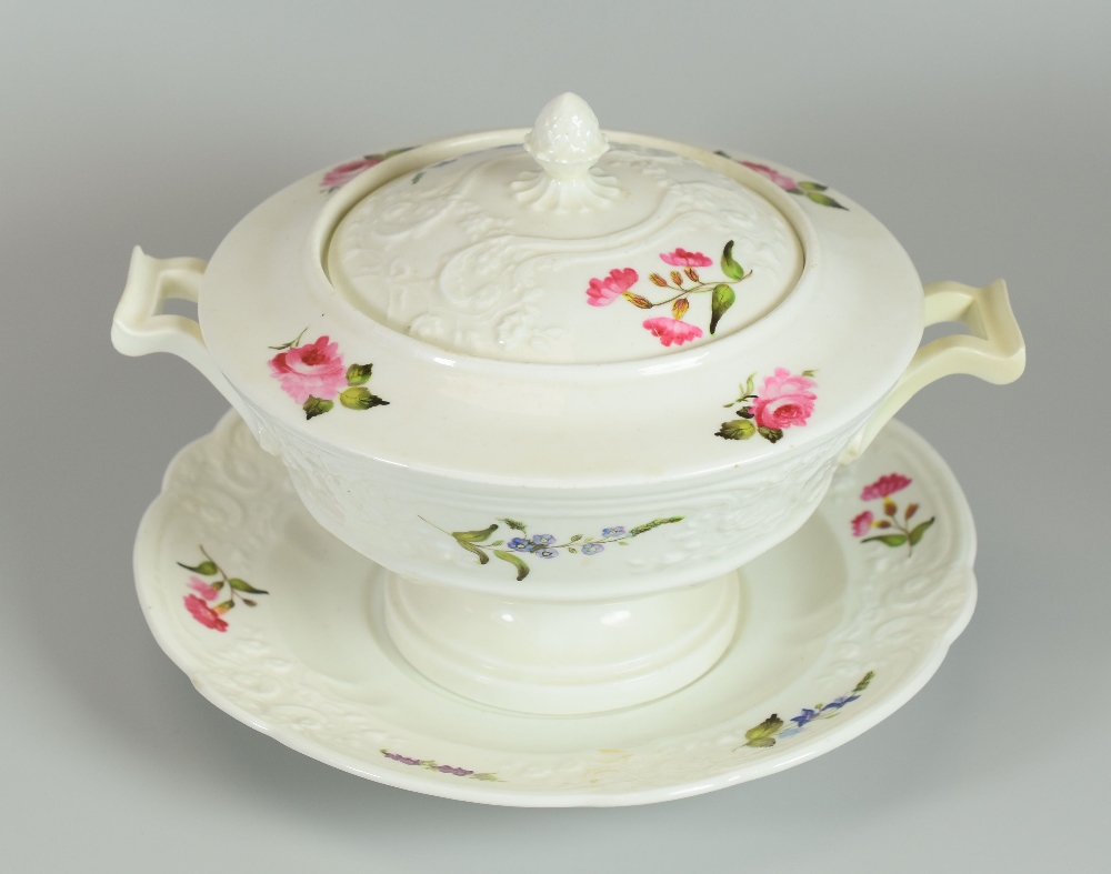 A SWANSEA PORCELAIN SAUCE TUREEN & STAND, the tureen on a circular pedestal base with upturned